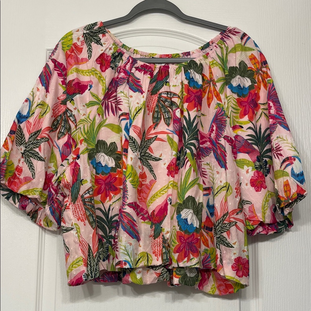 Women's Top Pullover linen XXL Crown & Ivy tropical flower  & birds
